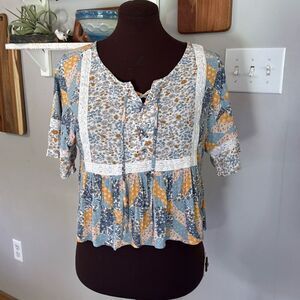 American Eagle patchwork shirt blouse women’s size small blue yellow cottagecore